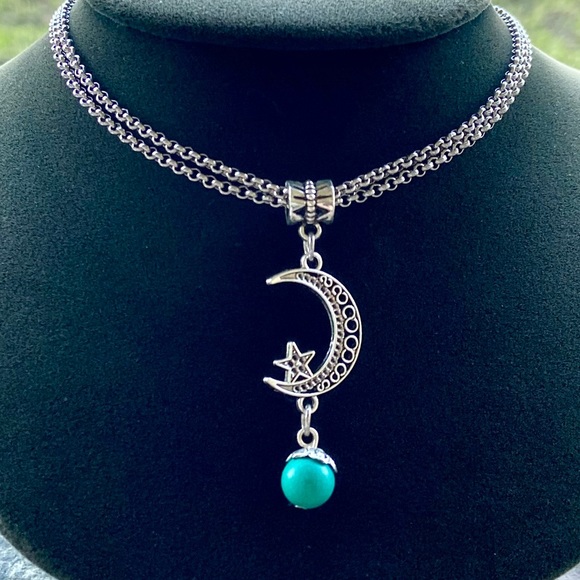 Stainless steel double chain moon star & turquoise - Picture 2 of 9